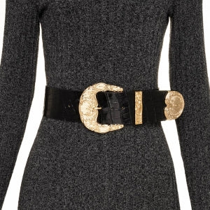 Cinto de Couro Croco Max Largo com Fivela e Ponteira Dourada - 6,0 cm