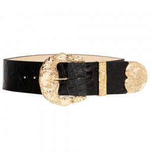 Cinto de Couro Croco Max Largo com Fivela e Ponteira Dourada - 6,0 cm
