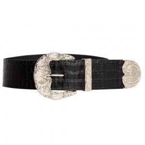 Cinto de Couro Croco Max Largo com Fivela e Ponteira Prata - 6,0 cm