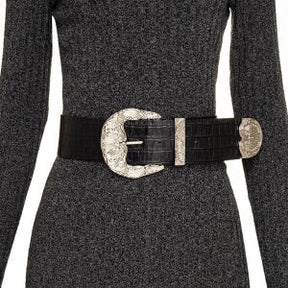 Cinto de Couro Croco Max Largo com Fivela e Ponteira Prata - 6,0 cm
