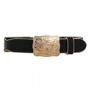 Cinto de Couro com Fivela Country Dourada Com Strass- 4,0 cm