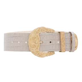 Cinto de Couro Croco Max Largo com Fivela e Ponteira Dourada - 6,0 cm